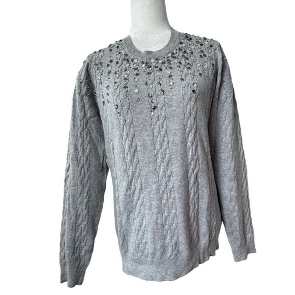Isaac Mizrahi Live Gray Sweater Cable Knit Gemstone QVC Cardigan Size Small - Picture 1 of 14